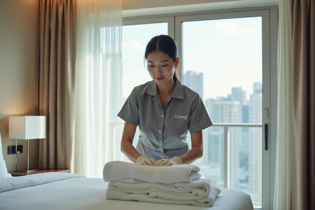 Femme de chambre en uniforme arrangeant des serviettes dans une chambre d'hôtel moderne
