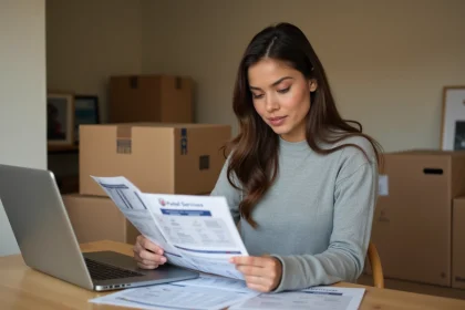 Femme comparant des offres de réexpédition de courrier entourée de cartons de déménagement dans un appartement