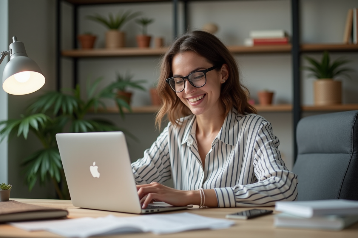 Femme souriante créant un poster d'événement sur son ordinateur