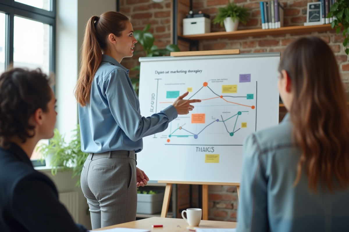 Femme en réunion expliquant un diagramme de marketing digital