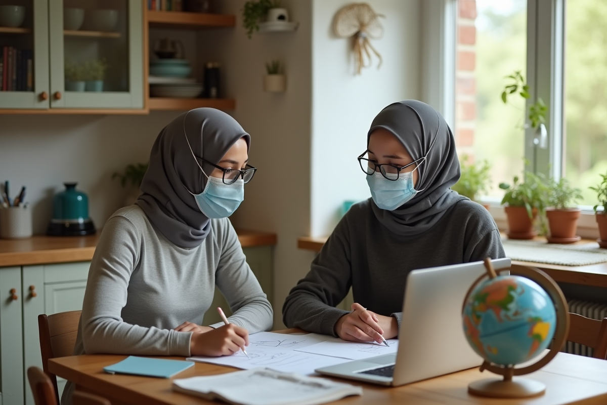 Femme et adolescent travaillant sur un projet dans une cuisine
