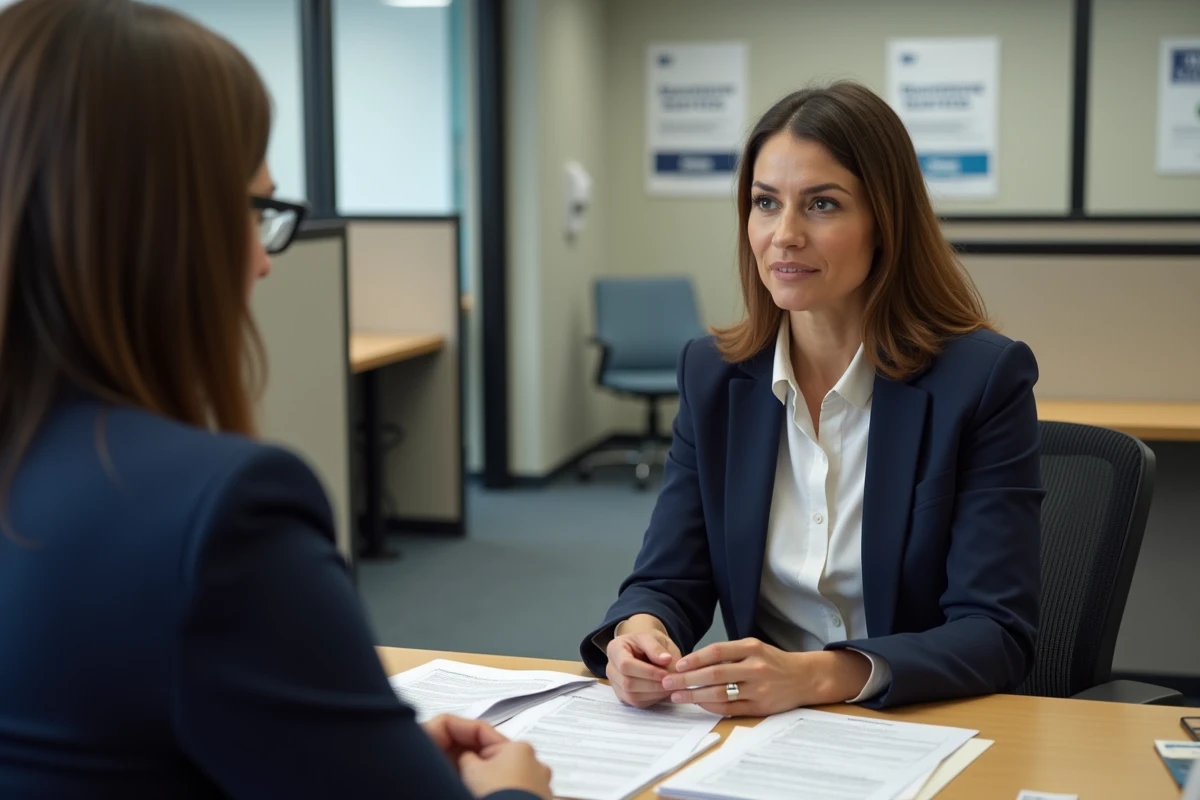 Femme en entretien avec un conseiller France Travail pour discuter des options CSP et démission reconversion