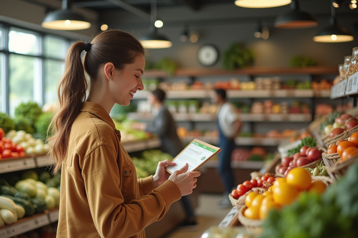 Jeune femme choisissant des produits bio en épicerie écologique