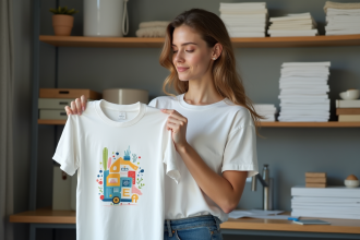 Jeune femme examine un tshirt imprimé en DTF dans son studio