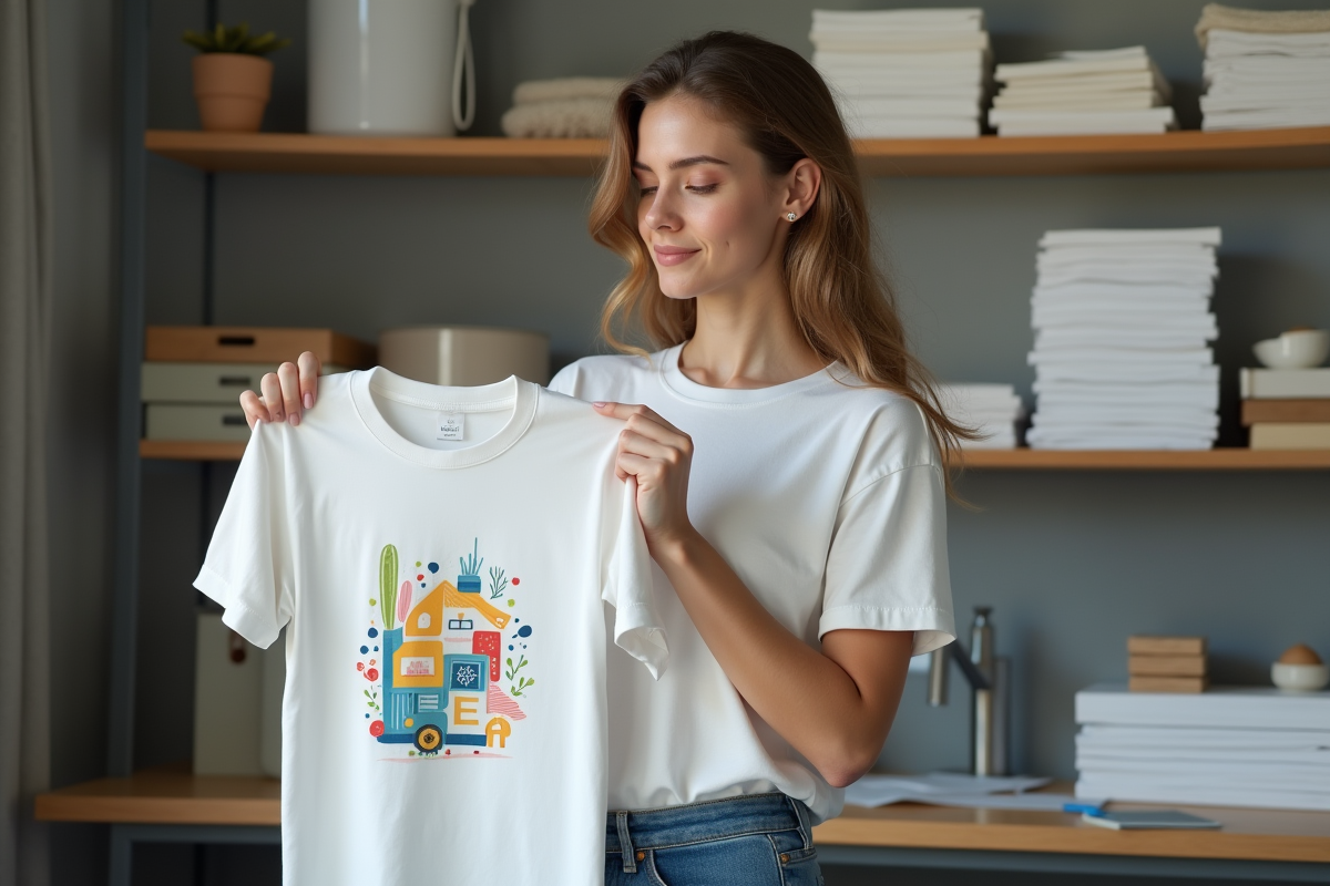 Jeune femme examine un tshirt imprimé en DTF dans son studio