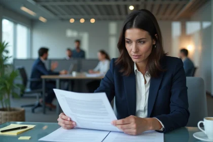 Femme d'affaires lisant attentivement un contrat avant de signer, dans un bureau moderne et professionnel