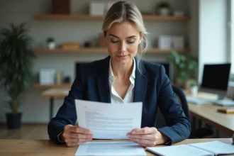 Femme professionnelle relisant une lettre de démission imprimée à son bureau en entreprise