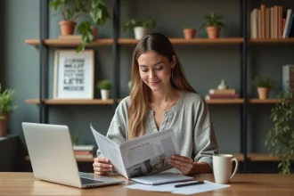 Femme lisant un magazine d'affaires dans un bureau cosy