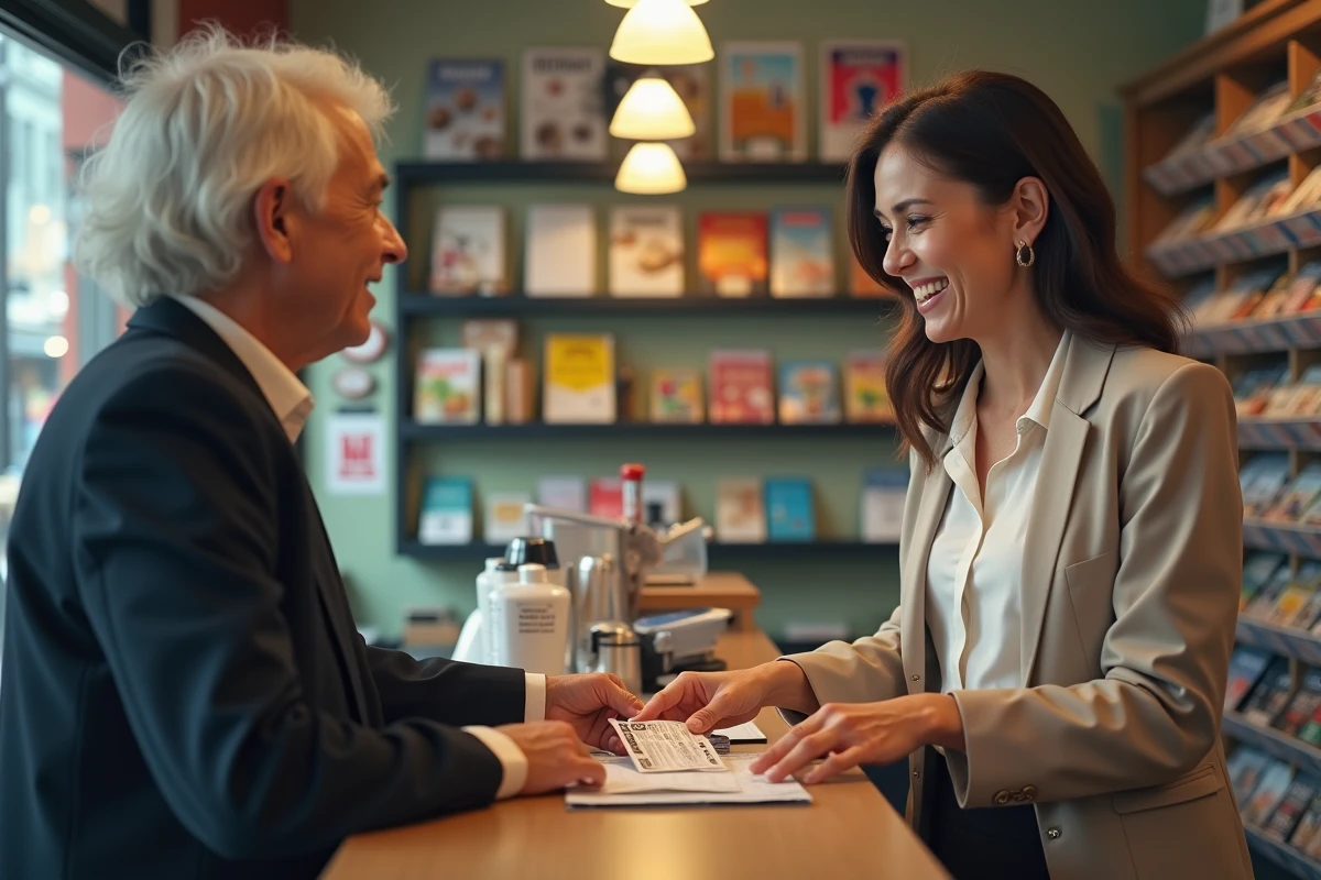 Jeune femme remettant un ticket de loterie au comptoir