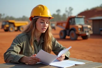 Jeune femme en équipement de sécurité dans un camp minier australien