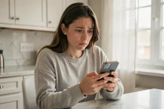 Femme consultant un numéro inconnu sur son smartphone dans une cuisine moderne
