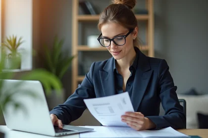 Femme professionnelle organisant des re&ccedil;us num&eacute;riques dans un bureau moderne