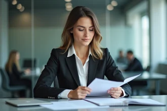 Femme d affaires organisant des papiers au bureau
