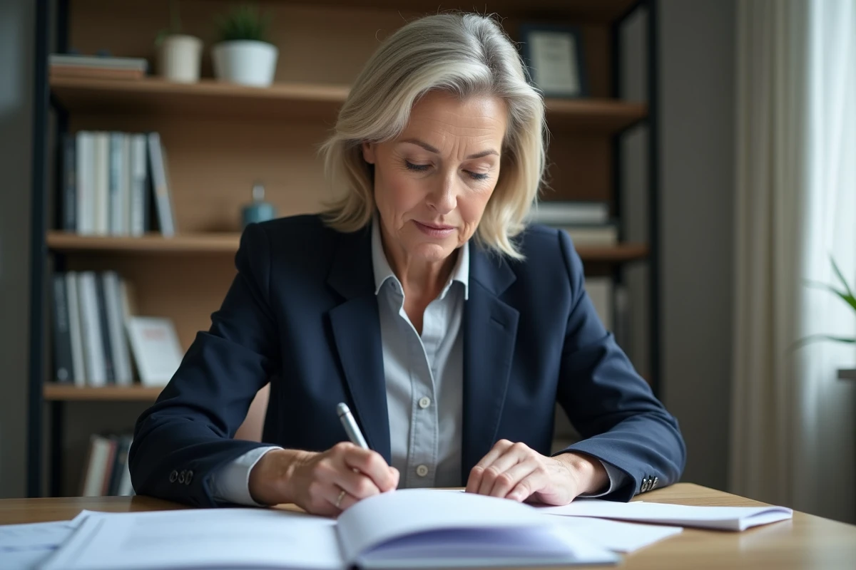 Femme professionnelle préparant un dossier de médaille du travail sur un bureau en bois avec des documents officiels