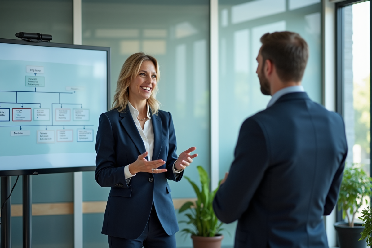 Femme en costume navy présentant un organigramme lors d