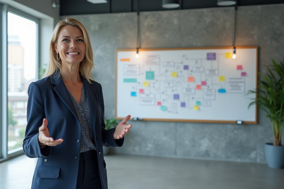 Femme confiante présentant devant un tableau blanc coloré