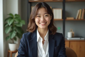 Jeune femme en blouse blanche et blazer dans un bureau moderne