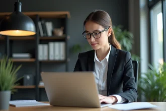 Femme professionnelle en bureau remplissant un formulaire en ligne