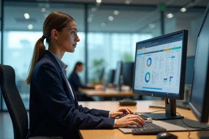 Femme professionnelle utilisant un logiciel ERP sur un grand écran dans un bureau moderne