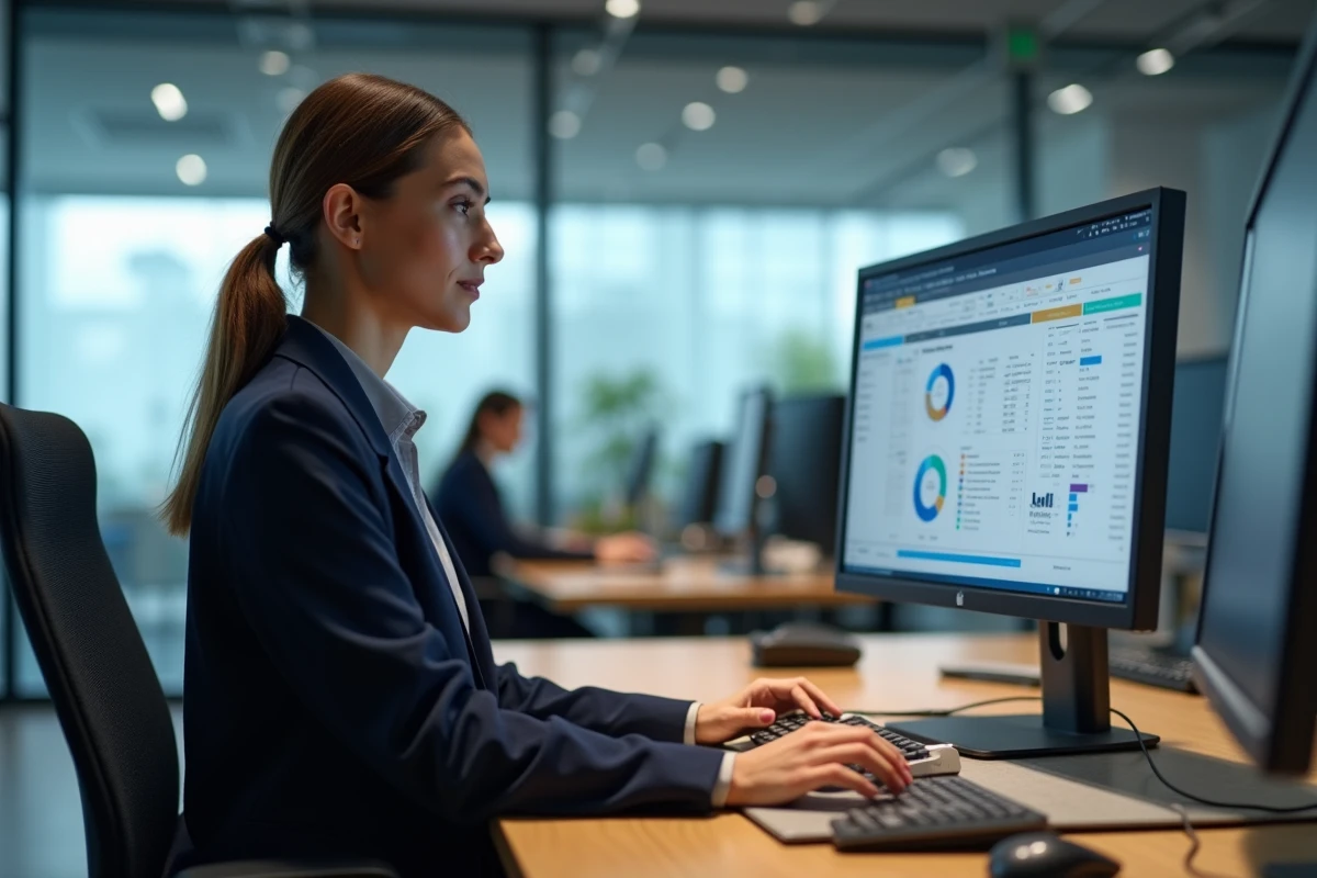 Femme professionnelle utilisant un logiciel ERP sur un grand écran dans un bureau moderne