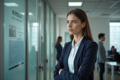 Jeune femme en bureau regardant une affiche de politique RH
