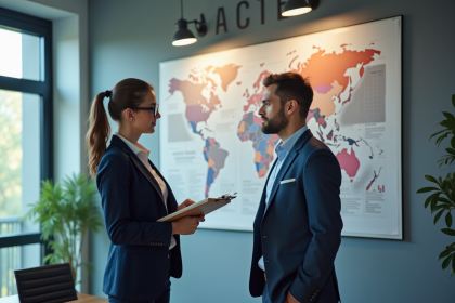 Femme en costume navy discutant strat&eacute;gie avec coll&egrave;gue
