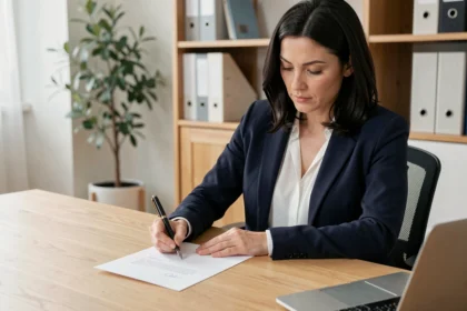 Femme rédigeant une lettre de démission manuscrite à son bureau de télétravail