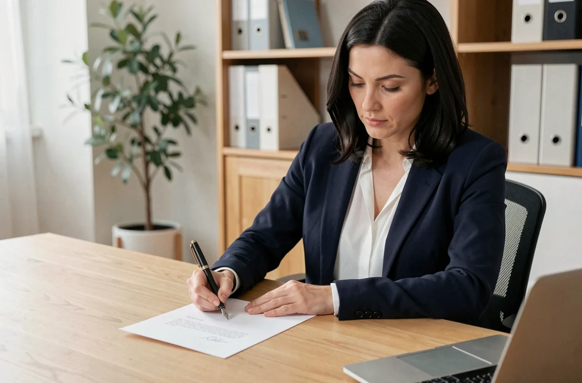 Femme rédigeant une lettre de démission manuscrite à son bureau de télétravail