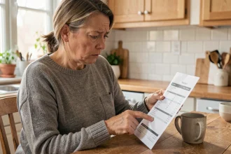 Femme examinant un relevé bancaire avec un prélèvement incompris de l'imprimerie nationale