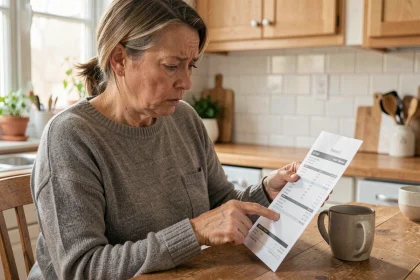 Femme examinant un relevé bancaire avec un prélèvement incompris de l'imprimerie nationale