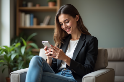 Femme confiante utilisant son smartphone dans un bureau moderne