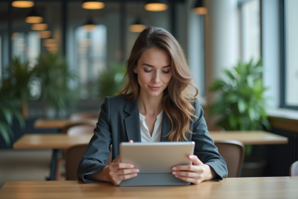 Femme concentrée utilisant une tablette dans un bureau moderne