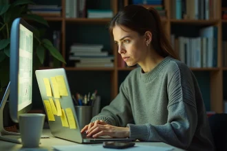 Femme stressée devant son ordinateur portable en télétravail, entourée de papiers et de notes, illustrant les signaux d'une offre d'emploi remote toxique