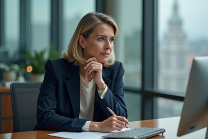 Femme en bureau moderne regardant l'écran pensivement