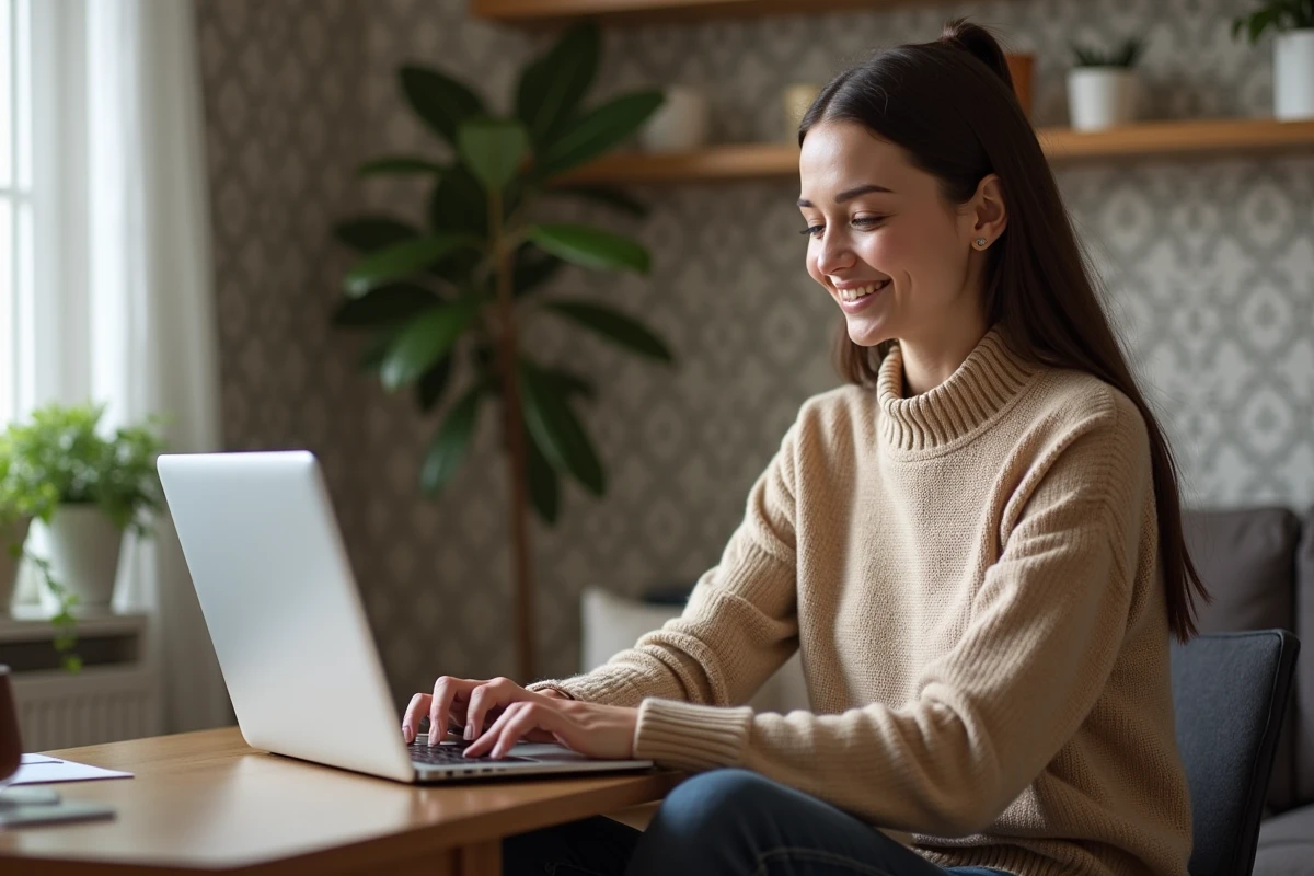 Jeune femme souriante vérifiant un site postal sur son ordinateur