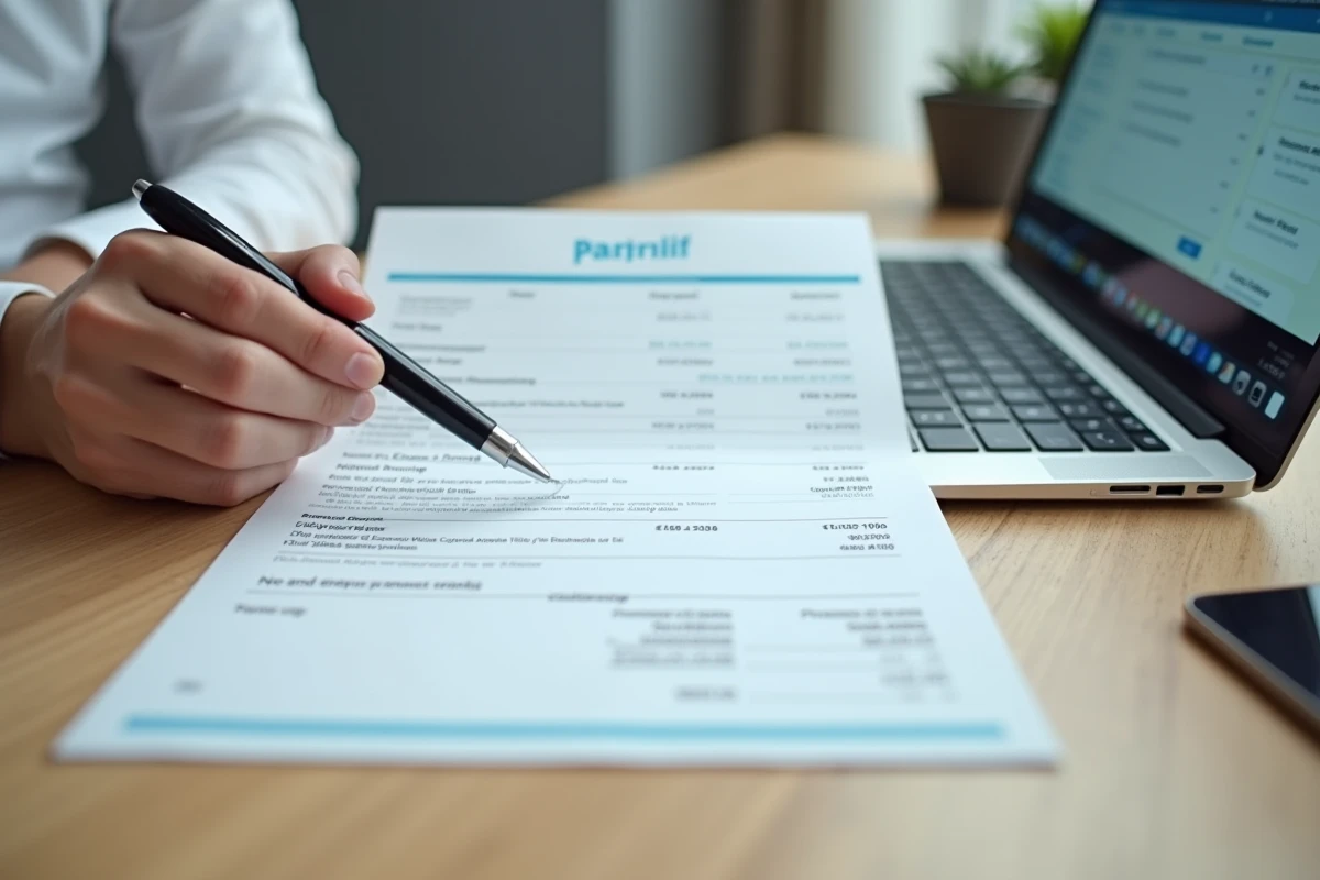 Fiche de paie imprimée posée sur un bureau à côté d'un ordinateur affichant un portail extranet de gestion de la paie