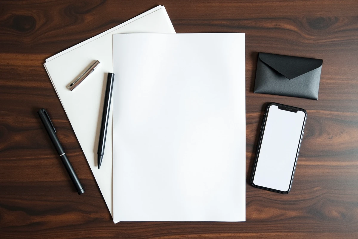 Flat lay d'une lettre de démission imprimée posée sur un bureau avec stylo et enveloppe