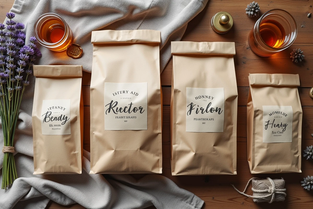 Flat lay de sacs papier personnalisés en petite quantité avec accessoires d'emballage artisanal sur table en bois