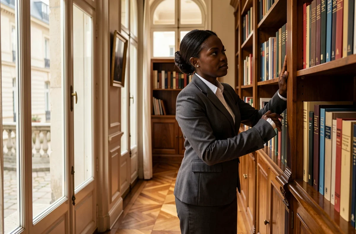 Florence Kapaya, professionnelle du nettoyage, dépoussiérant les étagères d'un bureau classique français