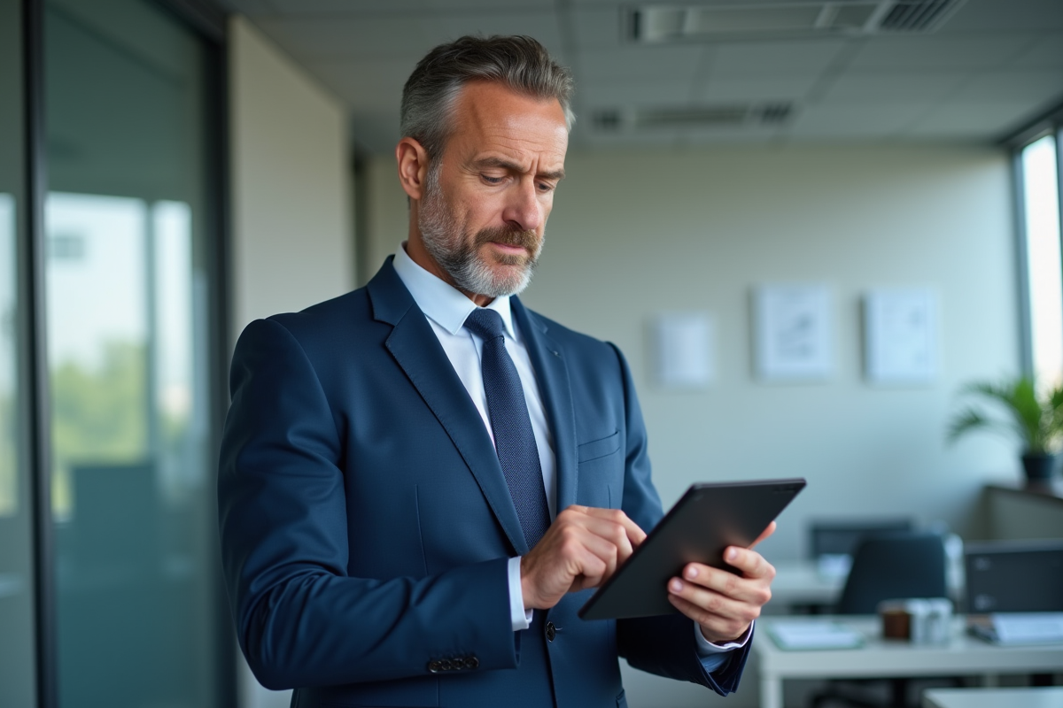 Fonctionnaire français en costume bleu avec tablette dans un bureau moderne