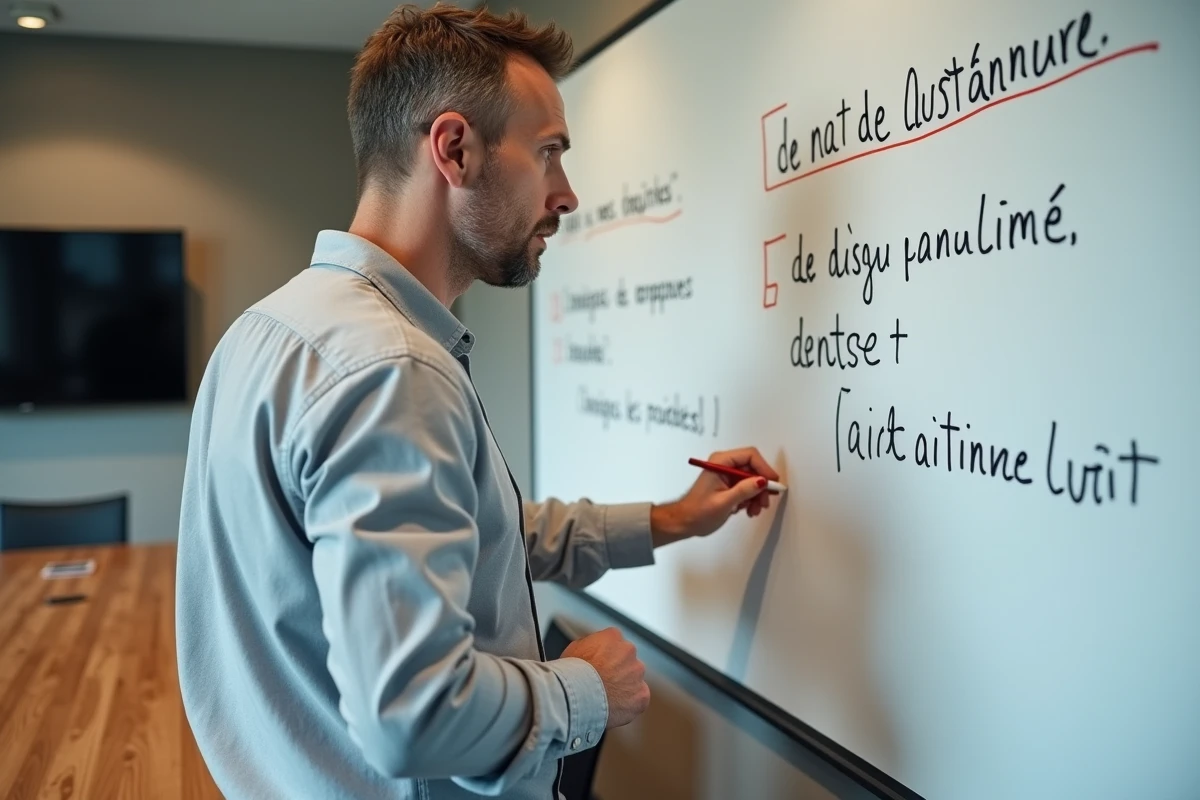 Formateur professionnel analysant des phrases écrites au tableau blanc avec des corrections grammaticales en rouge