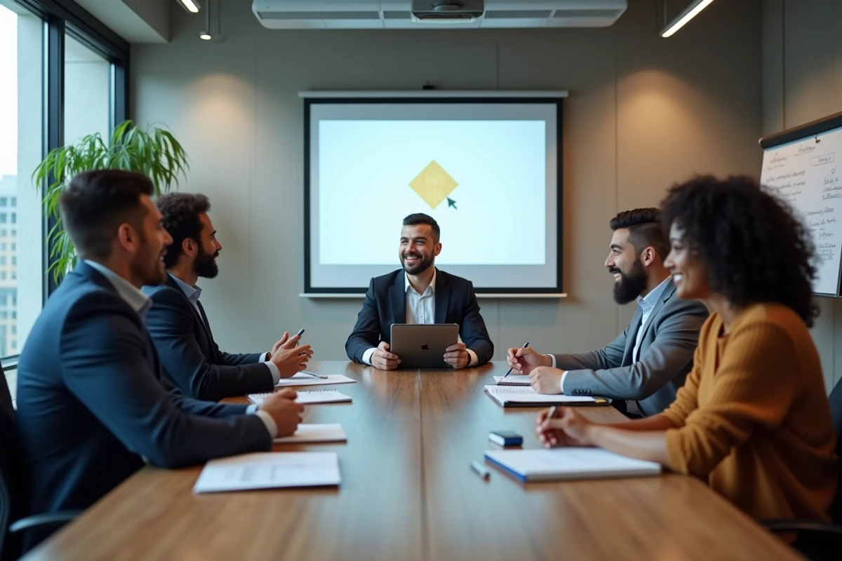 Équipe de professionnels B2B participant à une session de formation en salle de réunion moderne avec présentation projetée