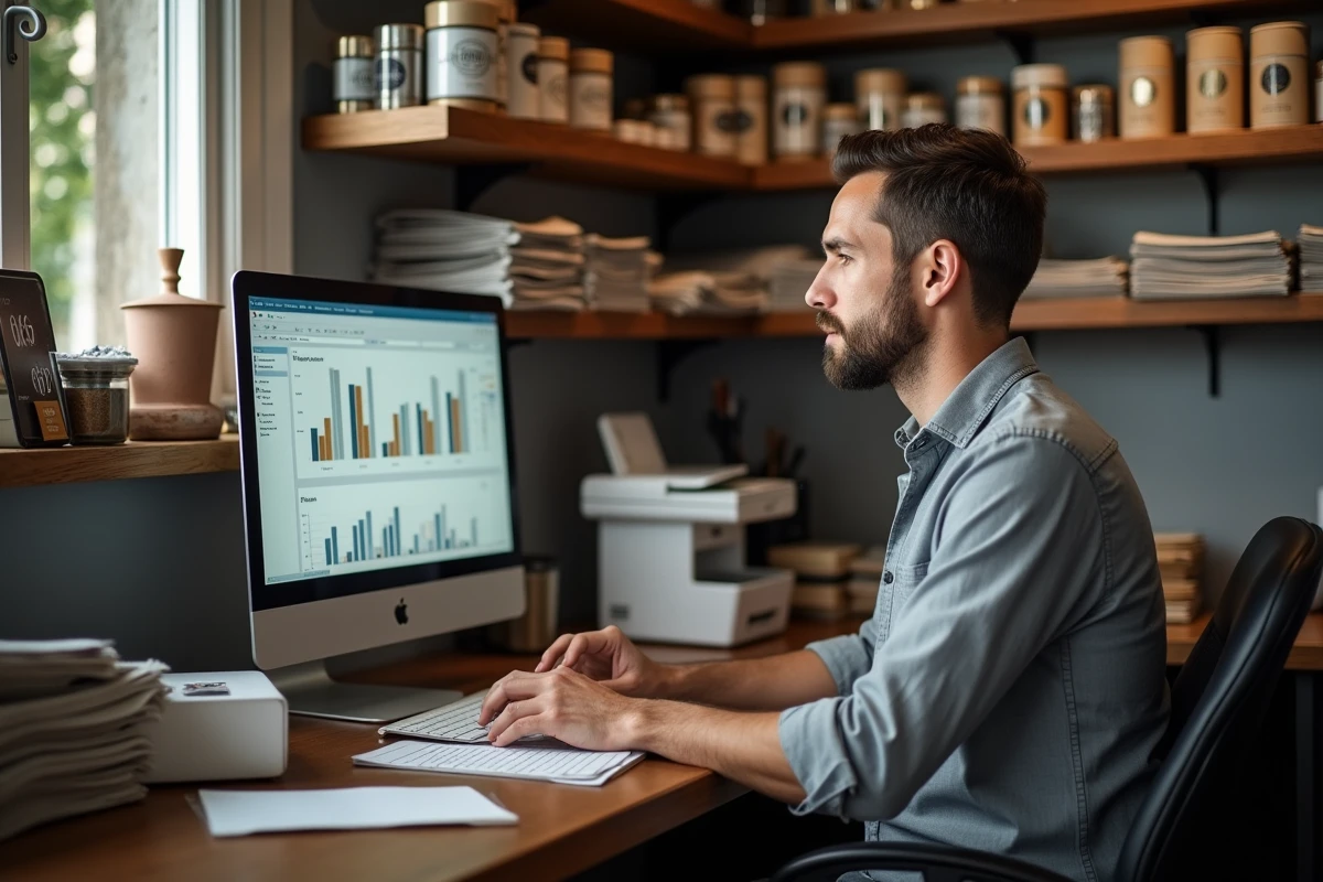 Gérant de tabac-presse analysant les rapports de ventes sur le logiciel de gestion Bimedia Office