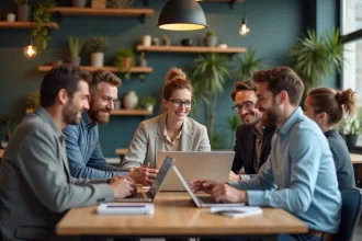 Groupe d'entrepreneurs français en coworking souriants