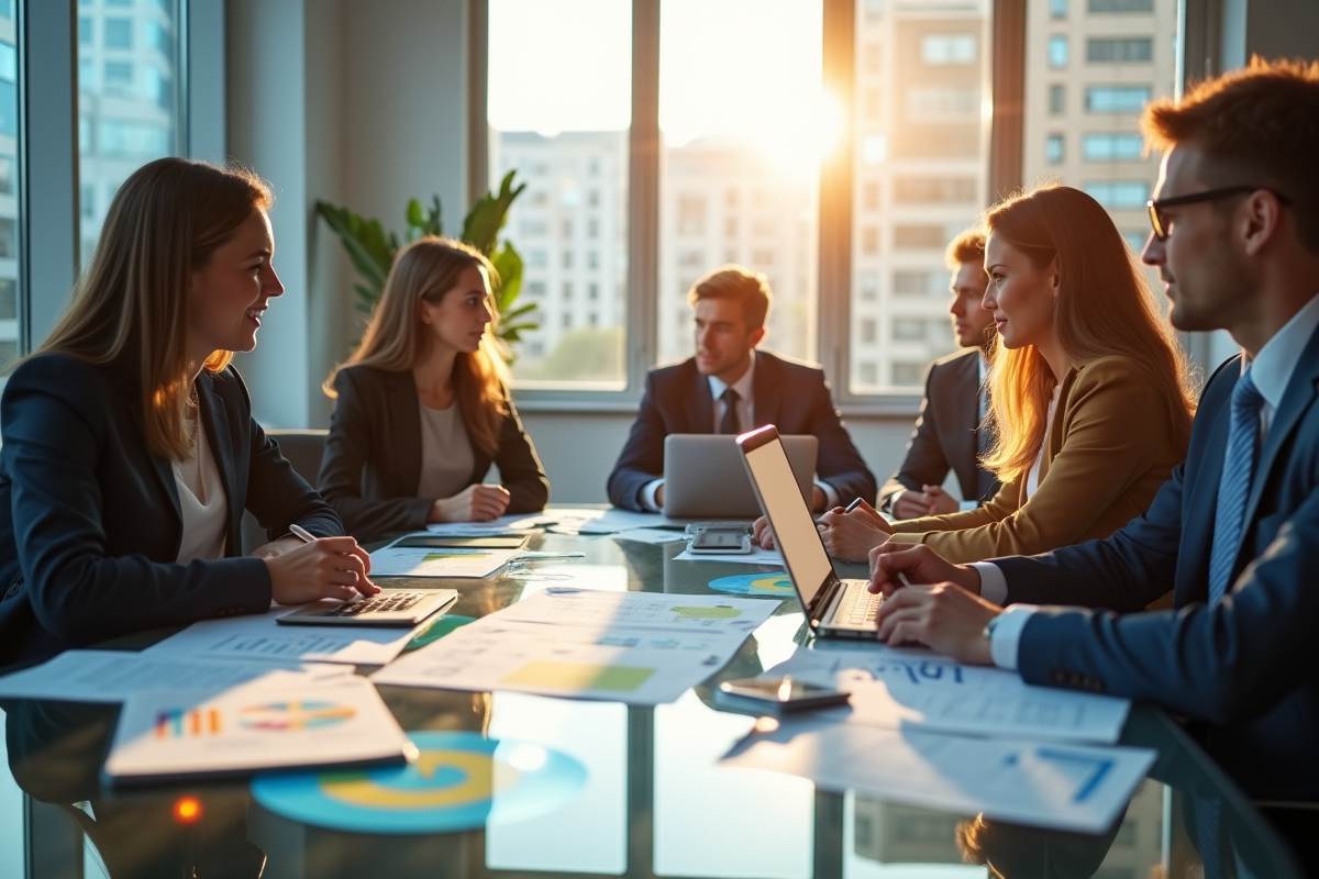 Groupe de professionnels en brainstorming dans un bureau moderne