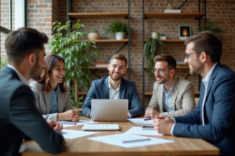 Groupe de jeunes adultes en réunion dans un bureau moderne