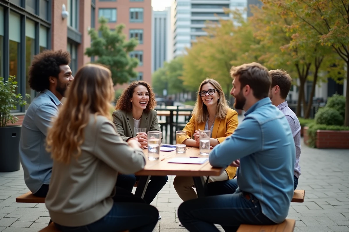 Groupe divers de professionnels partageant une blague en ext&eacute;rieur