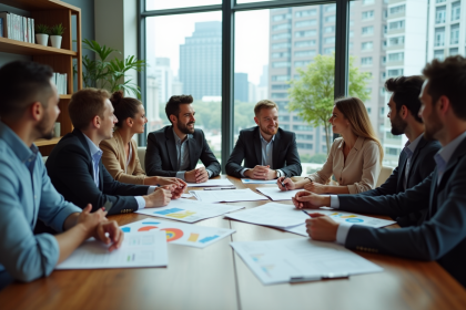 Groupe de personnes en réunion dans un bureau moderne