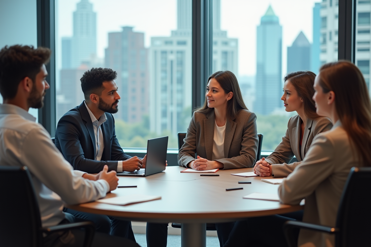 Groupe de jeunes adultes en discussion dans une salle de réunion