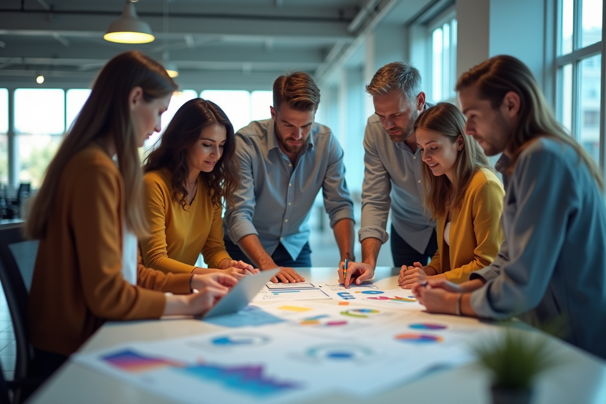 Groupe de personnes discutant autour d'une table moderne